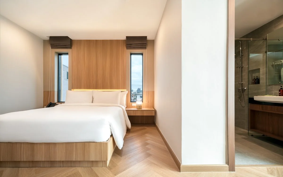 Deluxe Room looking toward the window and temple view